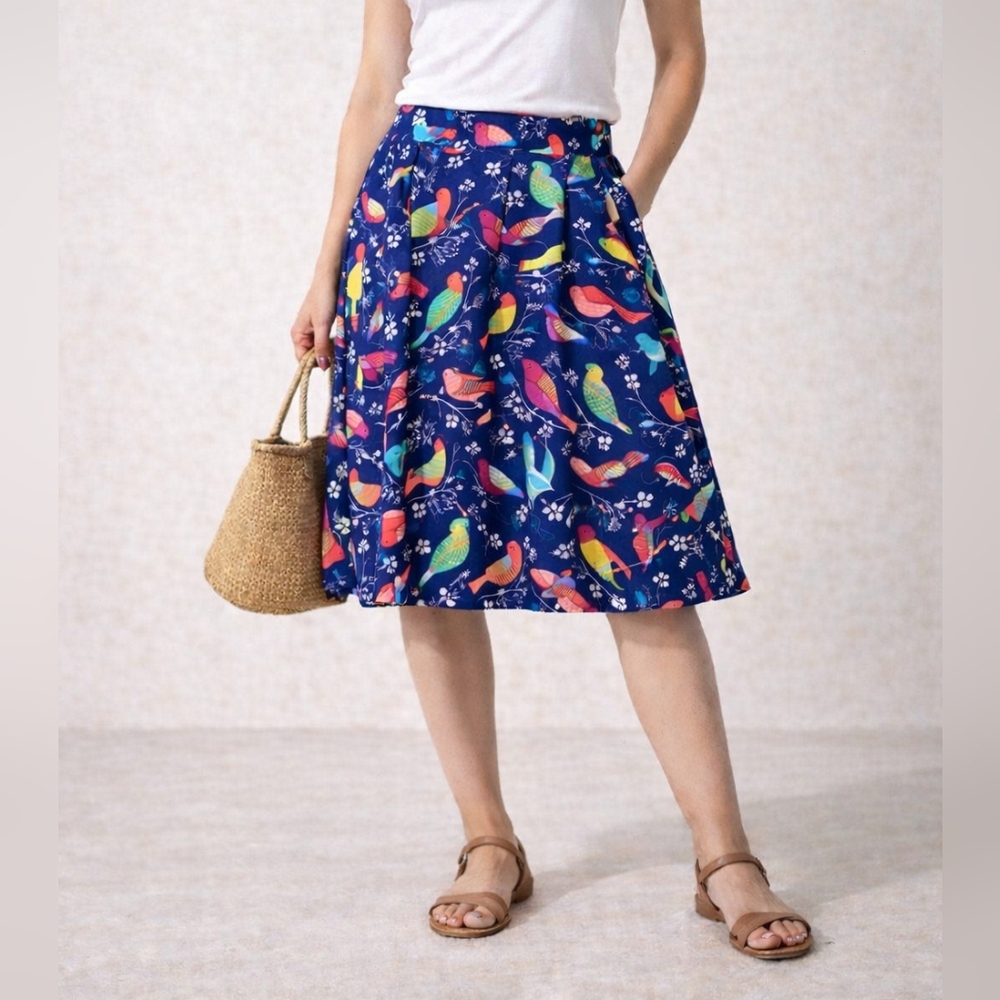 Retrolicious Navy Blue Multicolored Bird A-Line Midi Skirt M